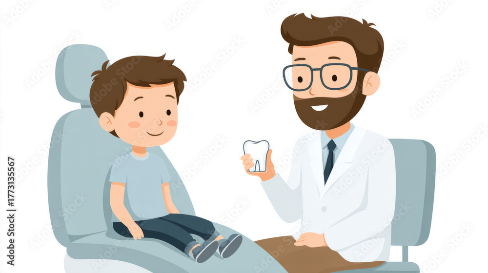 Kind beim freundlichen Zahnarzt — Illustration